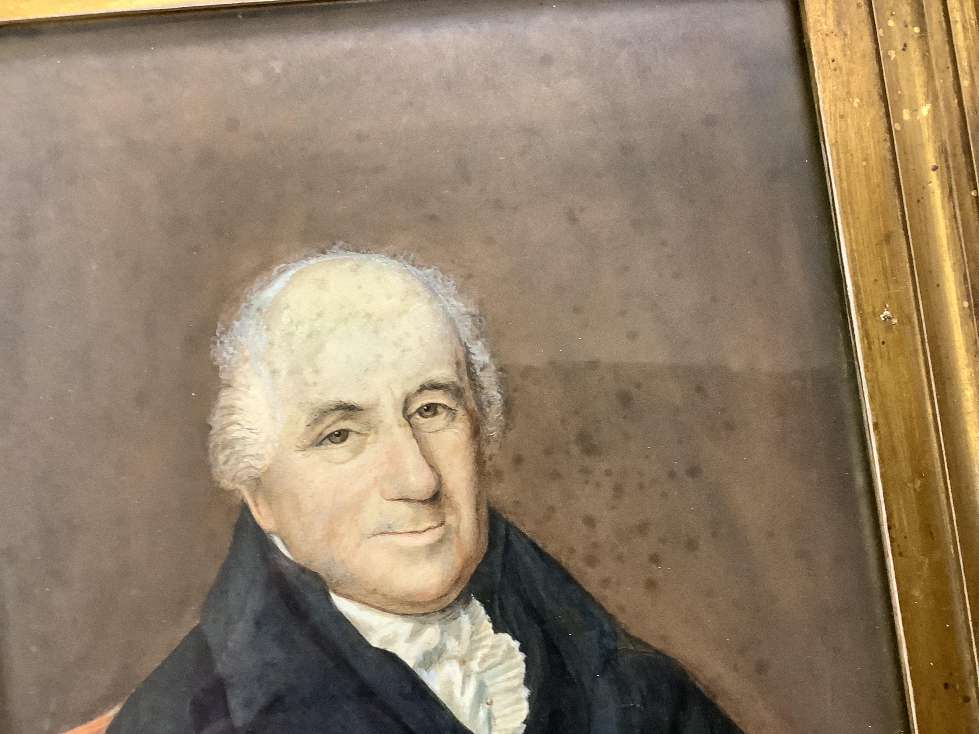 19th century School, Three-quarter length portrait of a gentleman wearing military dress, unsigned, watercolour, together with two other portraits of Victorian gentleman, largest 27 x 20cm, one housed in an ornate gilt f